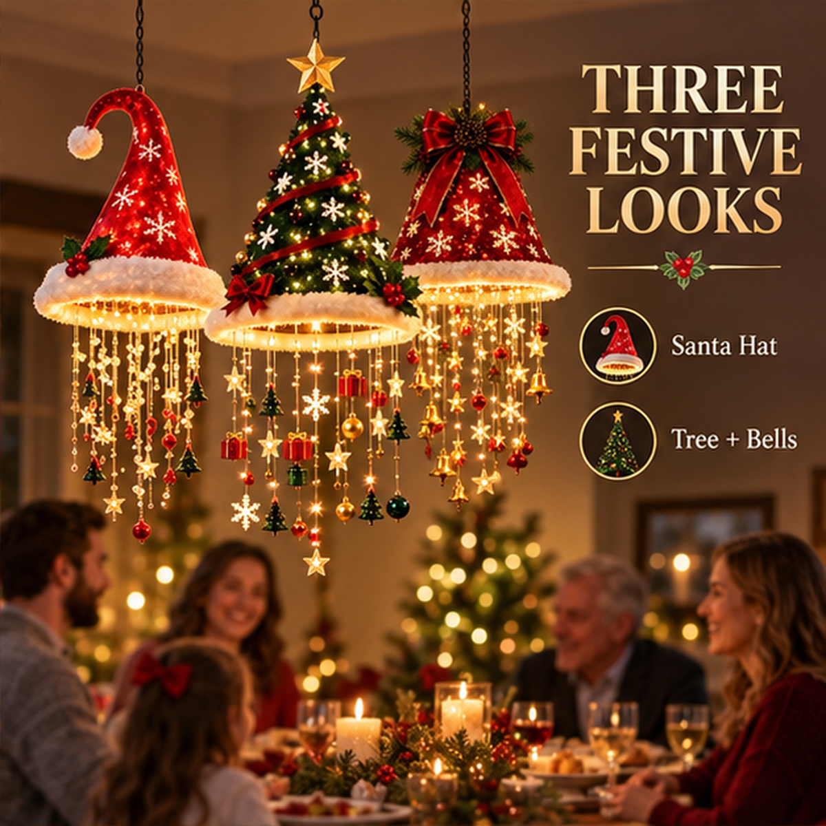 Three hanging Christmas chandelier styles above a family dinner