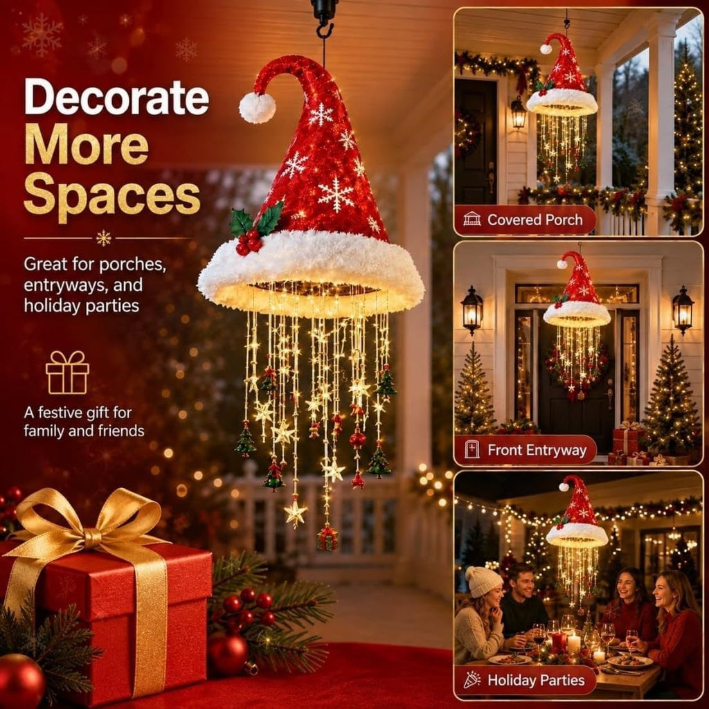 Lighted Christmas Hanging Chandelier – Santa Hat, Tree & Bells