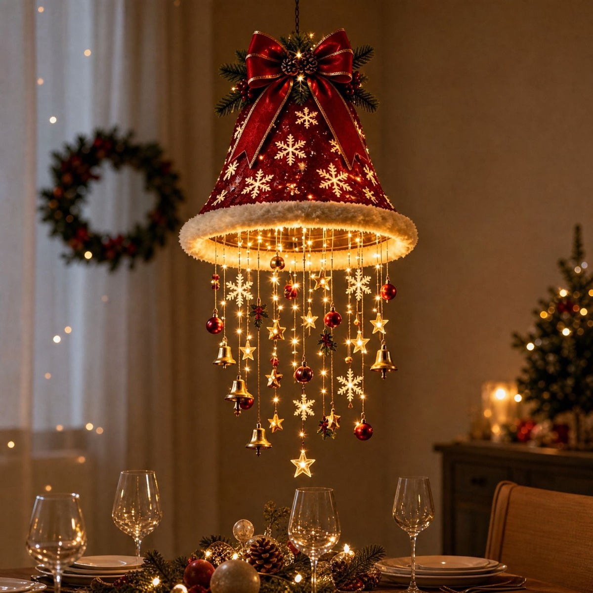 Lighted Christmas Hanging Chandelier – Santa Hat, Tree & Bells