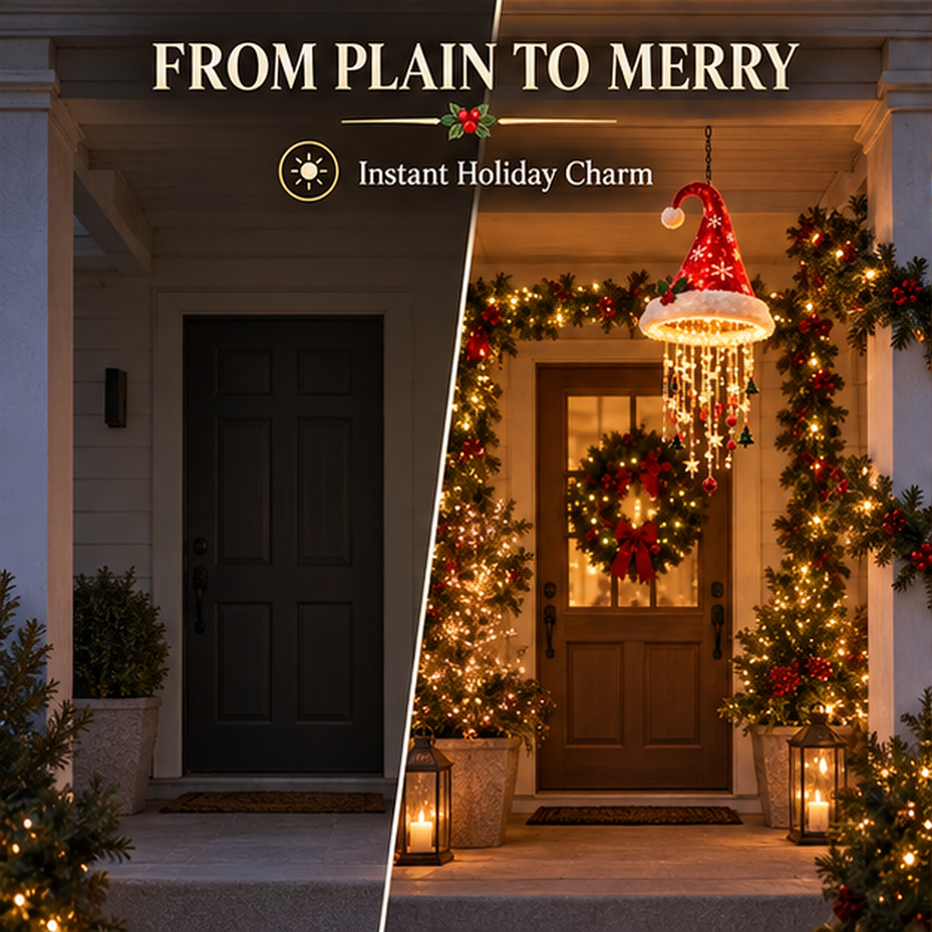 Lighted Christmas Hanging Chandelier – Santa Hat, Tree & Bells