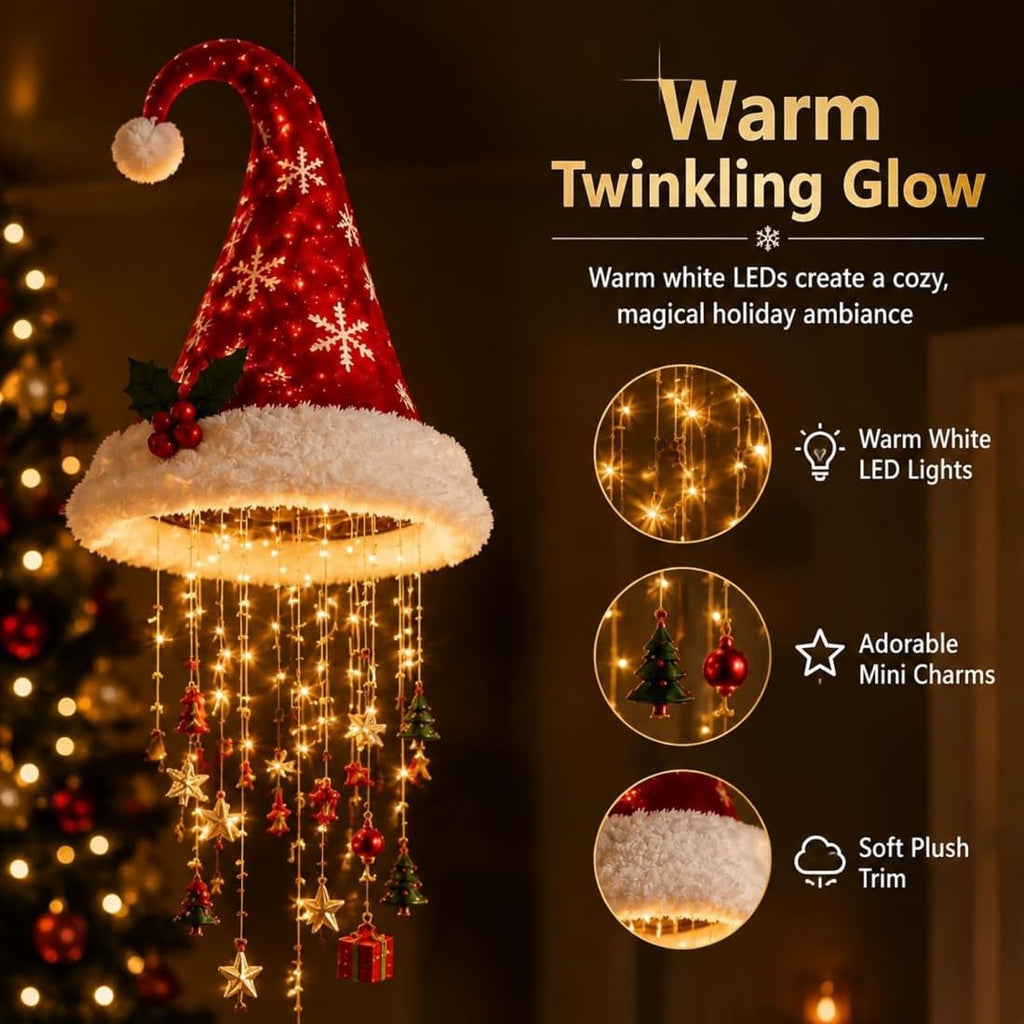 Lighted Christmas Hanging Chandelier – Santa Hat, Tree & Bells