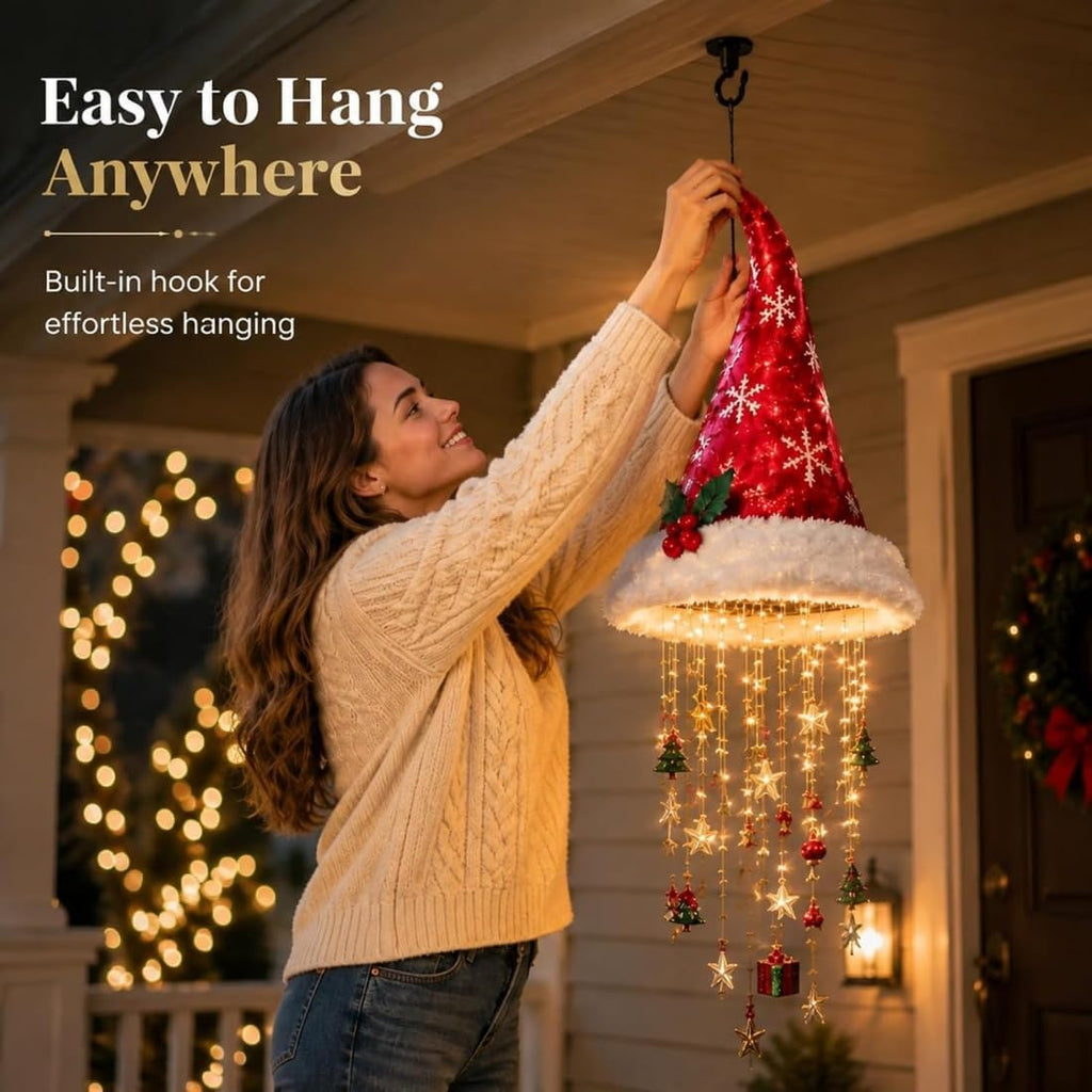 Lighted Christmas Hanging Chandelier – Santa Hat, Tree & Bells