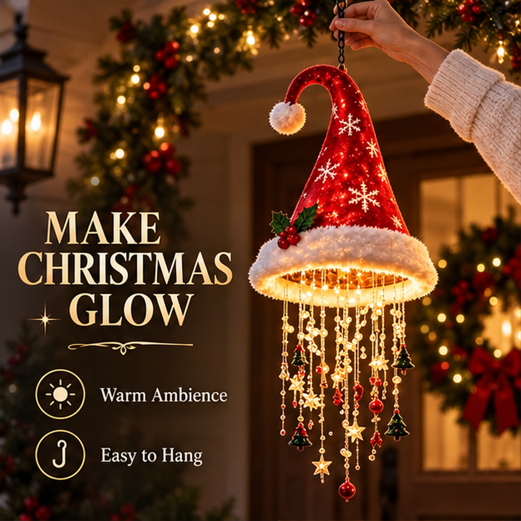 Classic Santa hat chandelier being hung in a holiday entryway