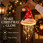 Classic Santa hat chandelier being hung in a holiday entryway