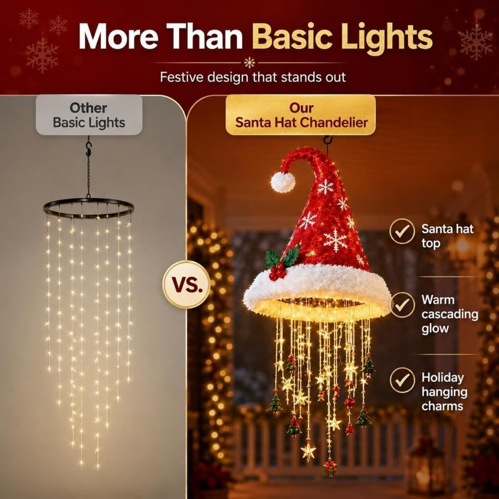 Lighted Christmas Hanging Chandelier – Santa Hat, Tree & Bells