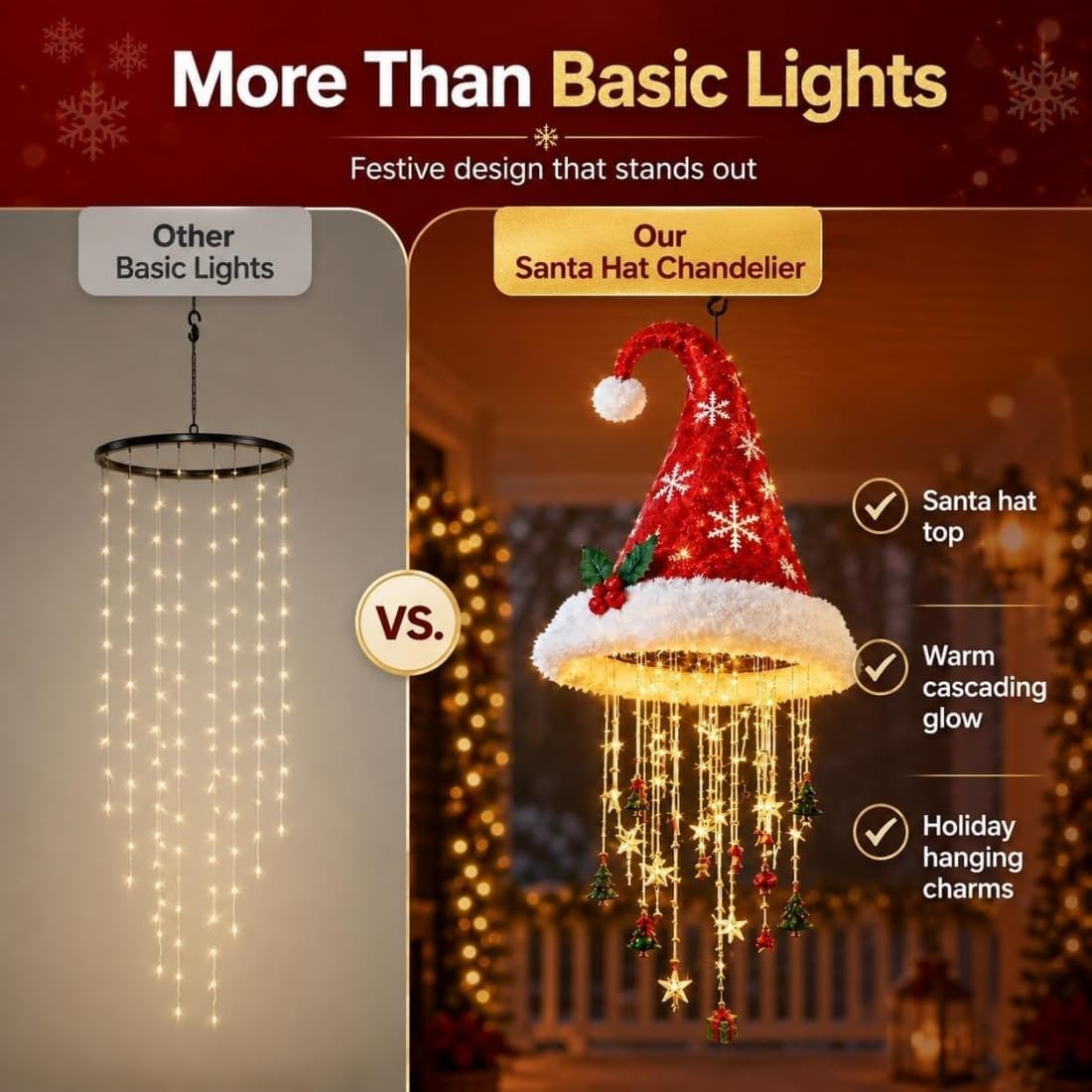 Lighted Christmas Hanging Chandelier – Santa Hat, Tree & Bells