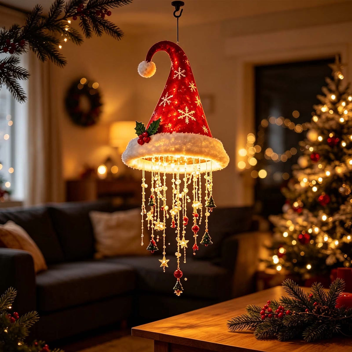 Lighted Christmas Hanging Chandelier – Santa Hat, Tree & Bells