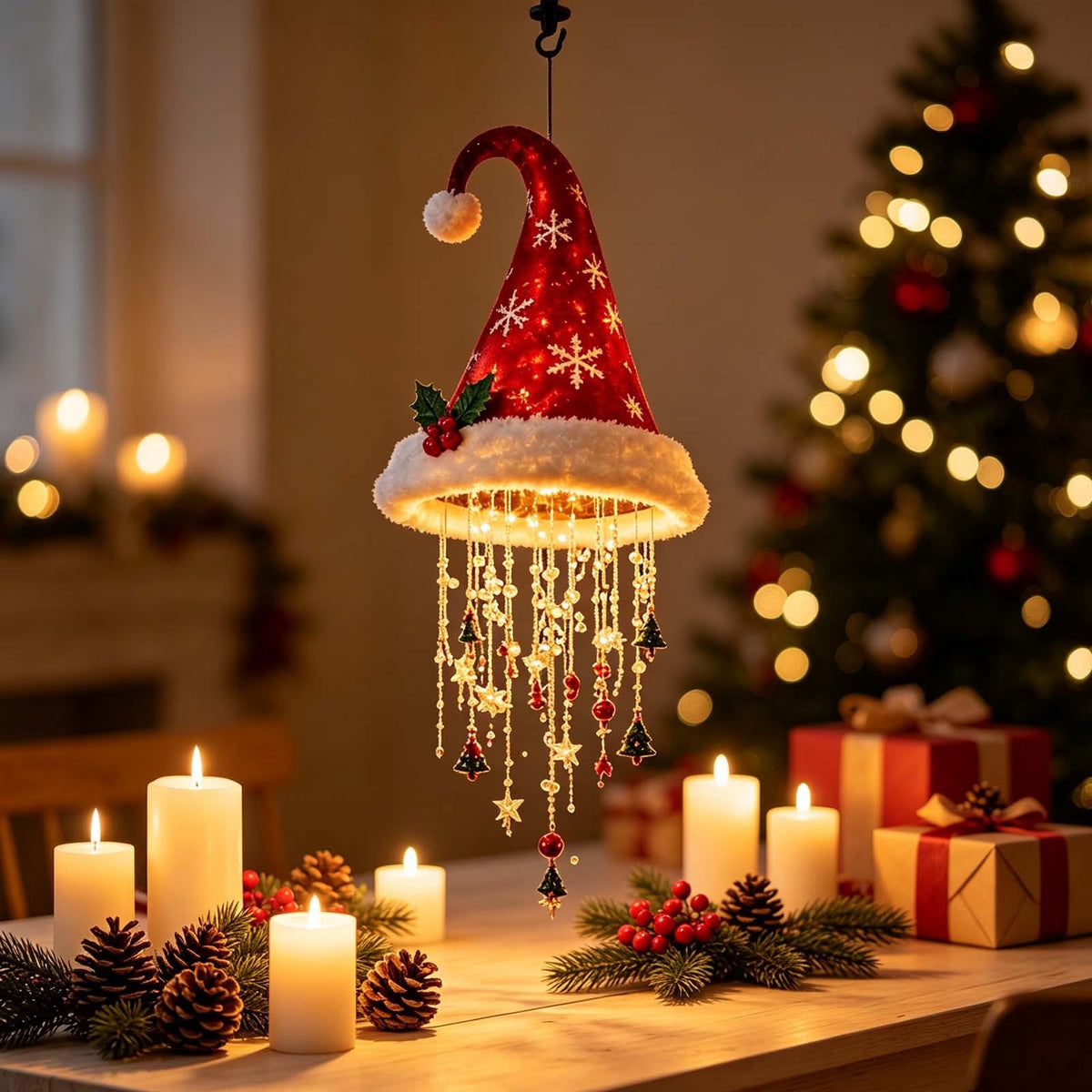 Lighted Christmas Hanging Chandelier – Santa Hat, Tree & Bells