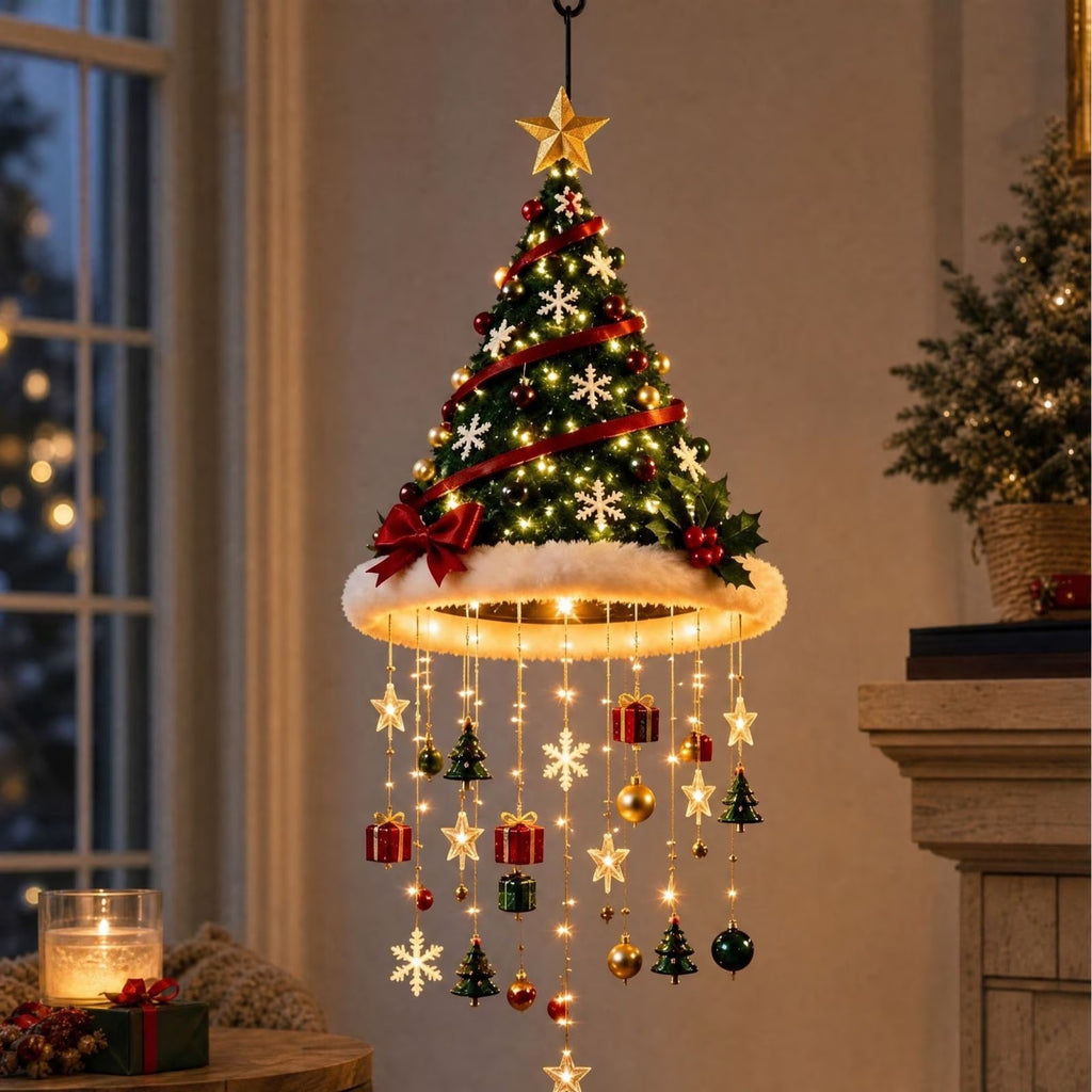 Lighted Christmas Hanging Chandelier – Santa Hat, Tree & Bells