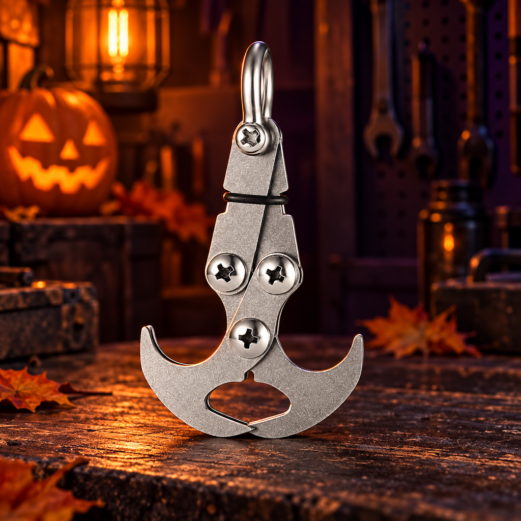Foldable stainless-steel retrieval hook in a premium Halloween workshop scene