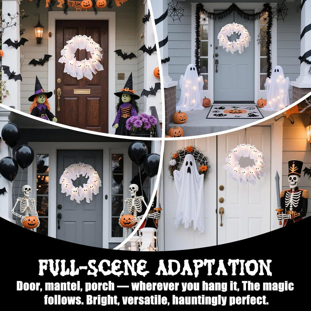 12-Light Ghost Wreath – Glowing Halloween Door Decor