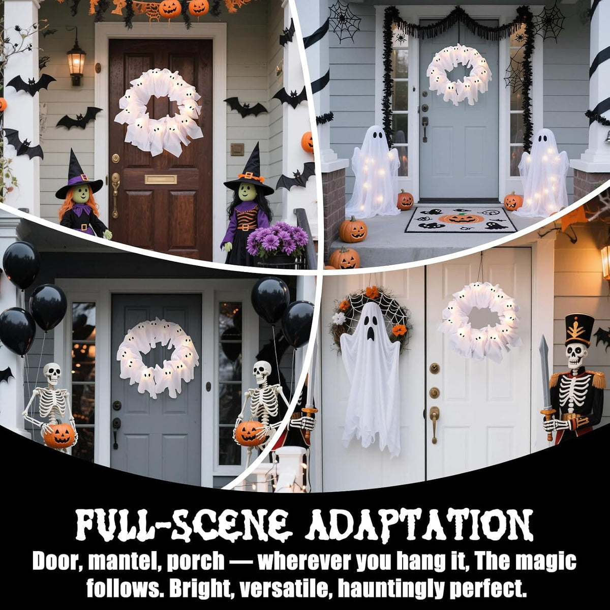 12-Light Ghost Wreath – Glowing Halloween Door Decor