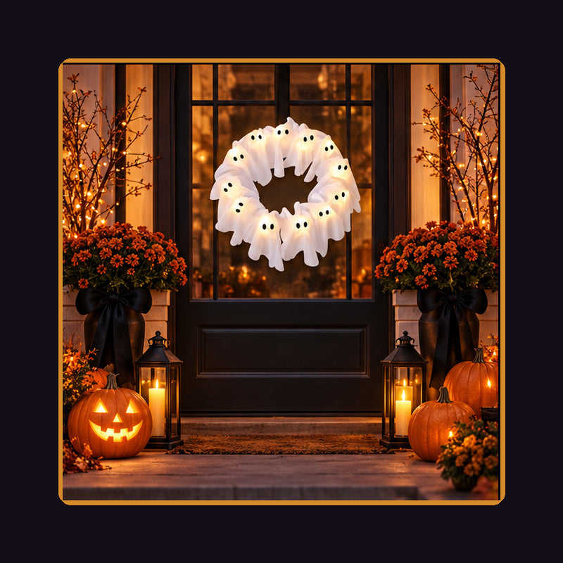 12-Light Ghost Wreath – Glowing Halloween Door Decor