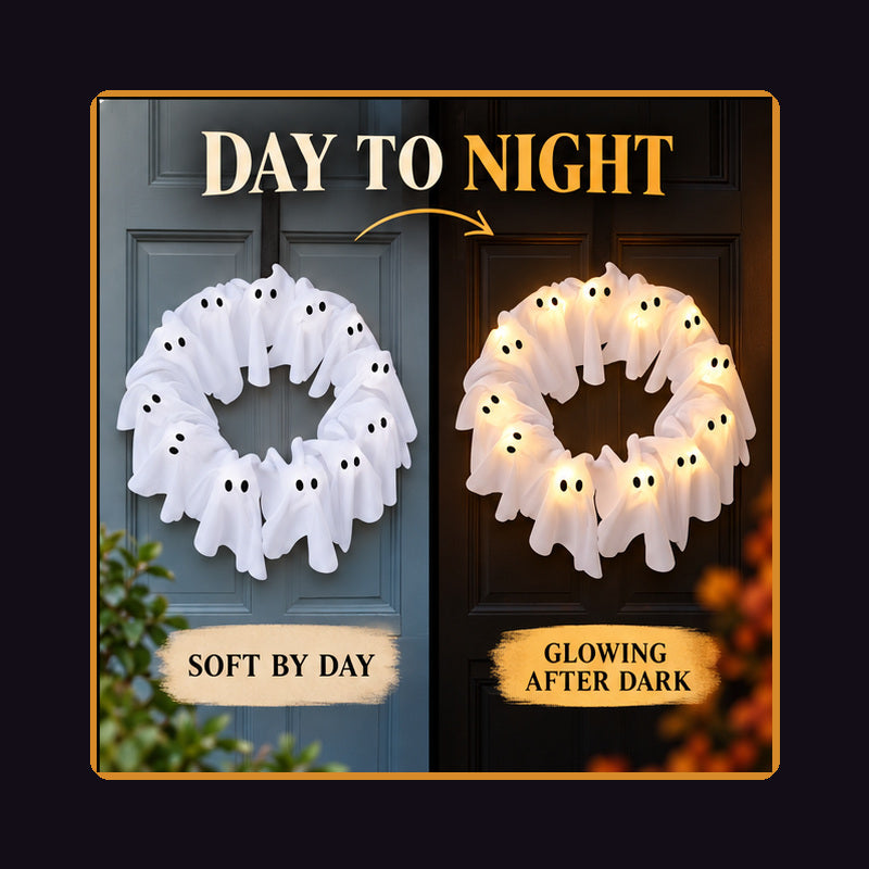 12-Light Ghost Wreath – Glowing Halloween Door Decor
