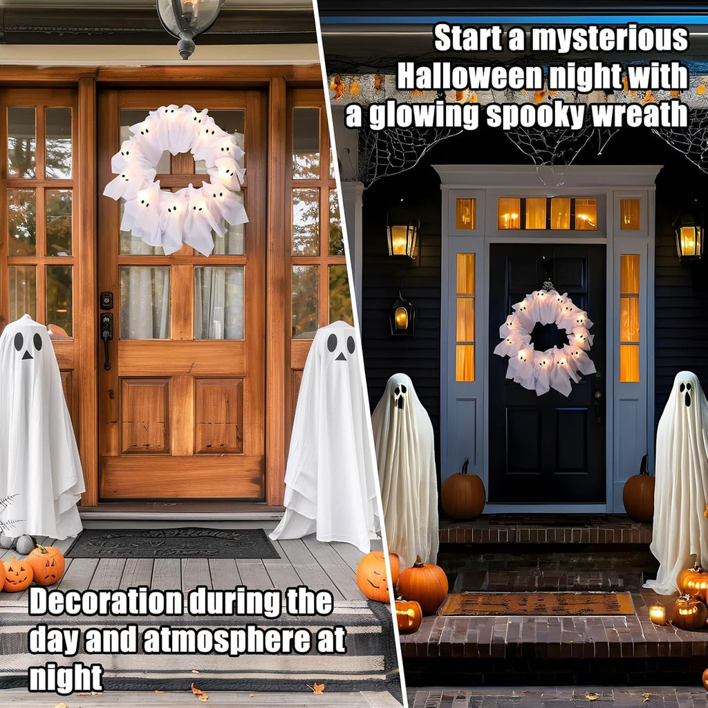 12-Light Ghost Wreath – Glowing Halloween Door Decor