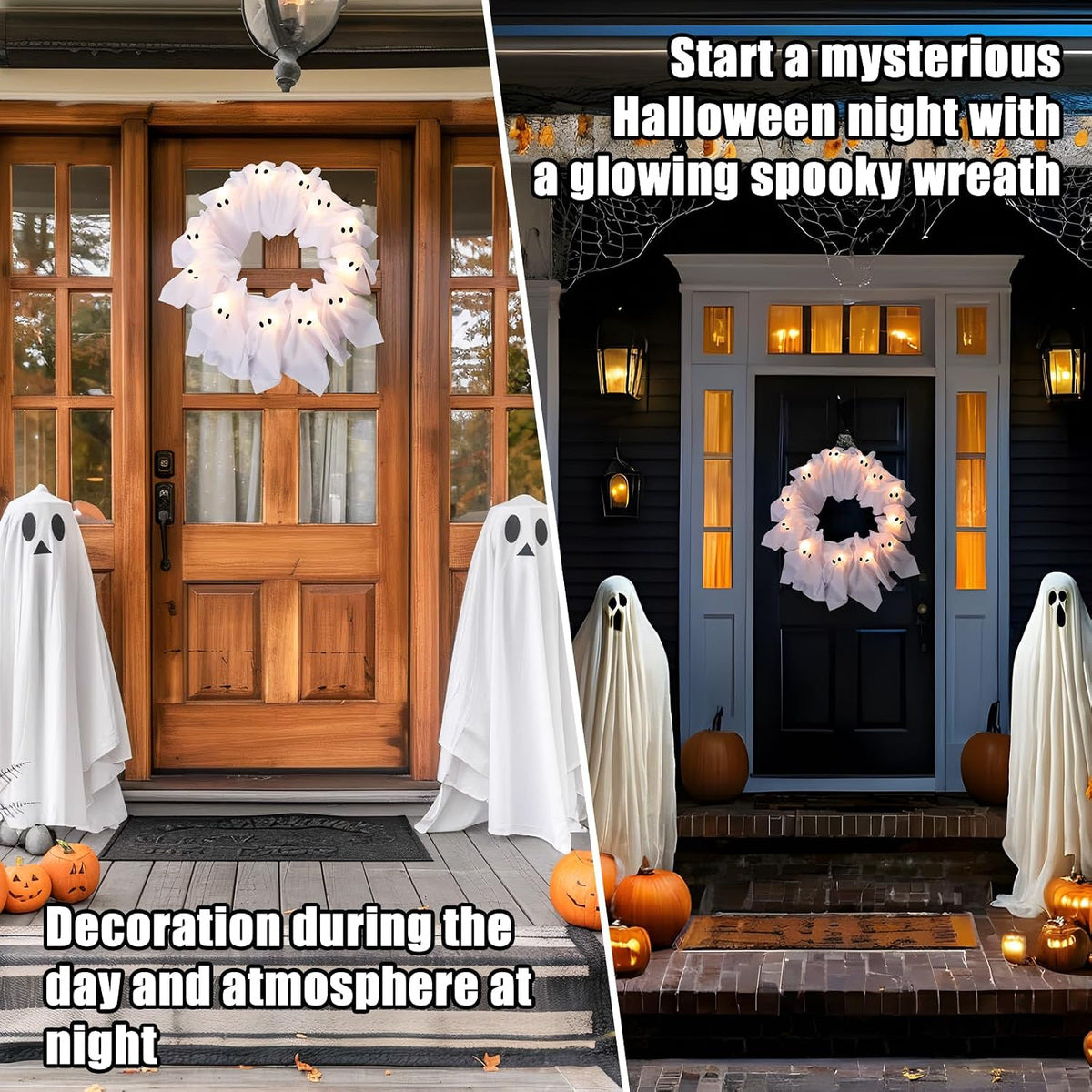 12-Light Ghost Wreath – Glowing Halloween Door Decor