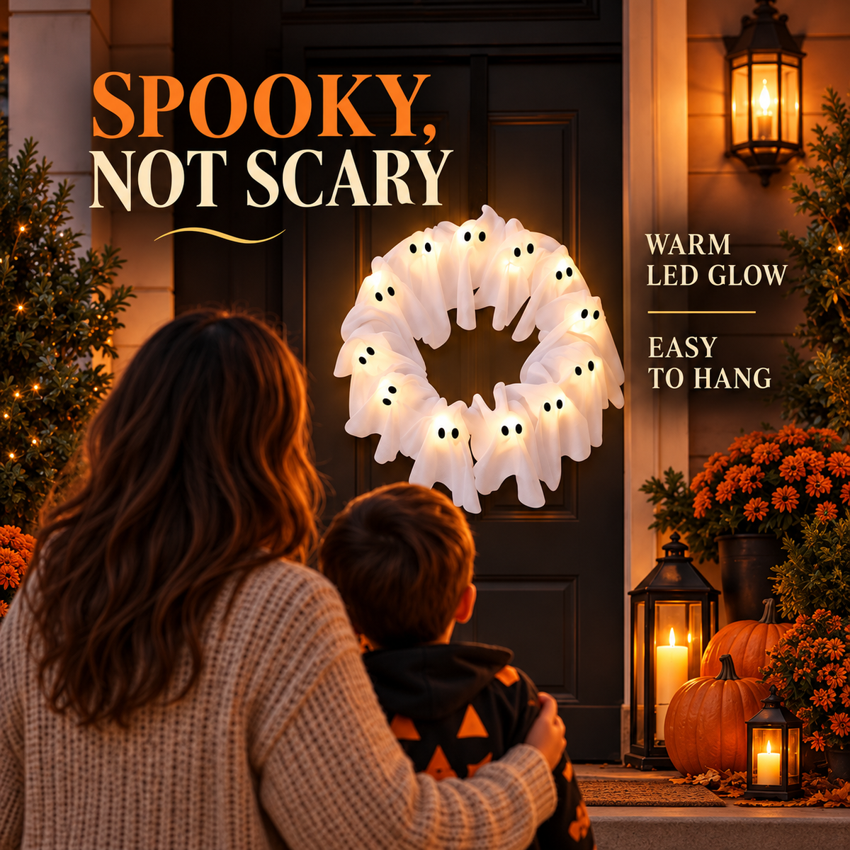 Family viewing a warm glowing white ghost wreath on a Halloween porch