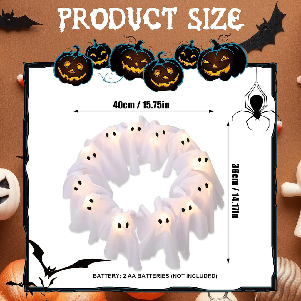 12-Light Ghost Wreath – Glowing Halloween Door Decor