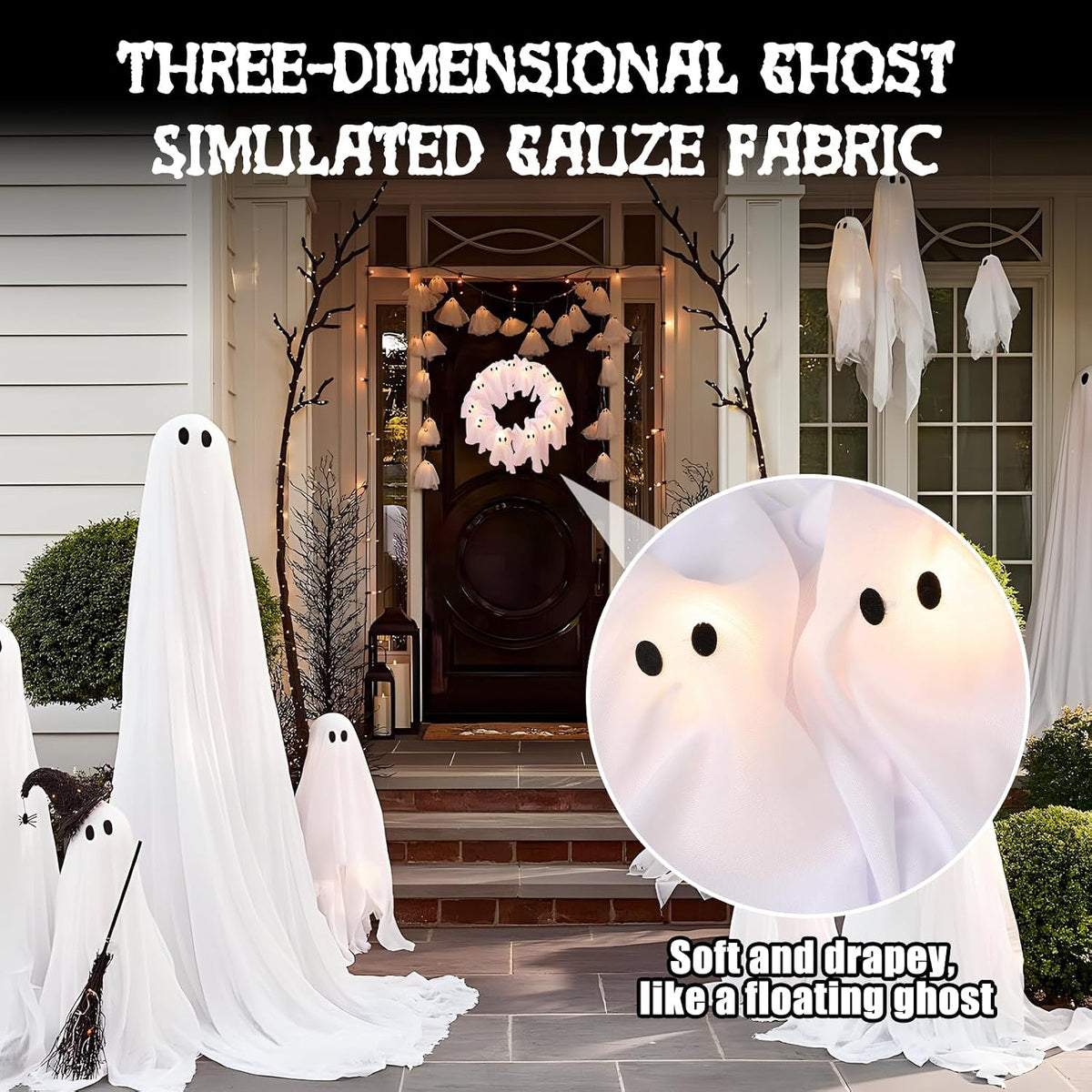 12-Light Ghost Wreath – Glowing Halloween Door Decor