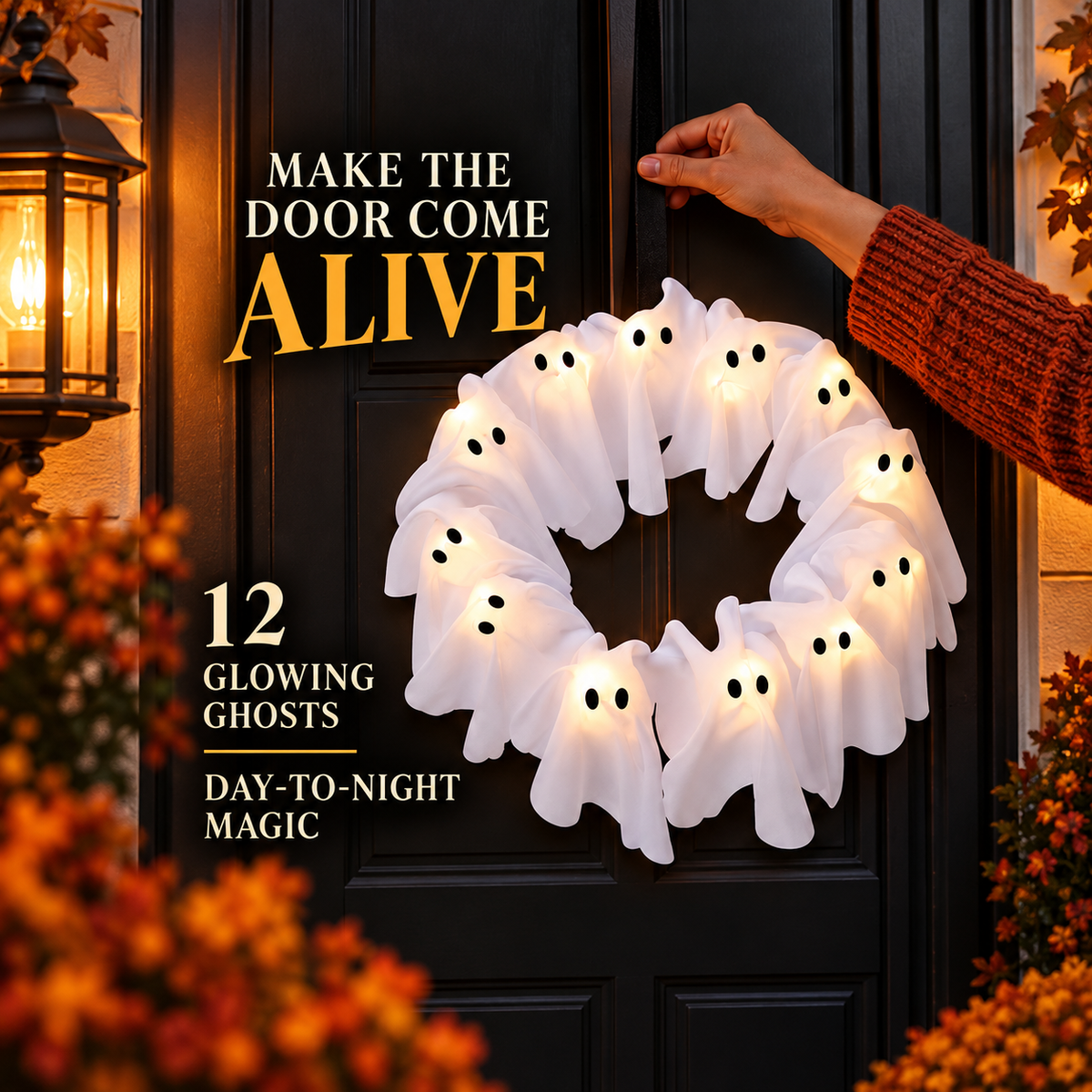 Glowing white ghost wreath on a Halloween front door