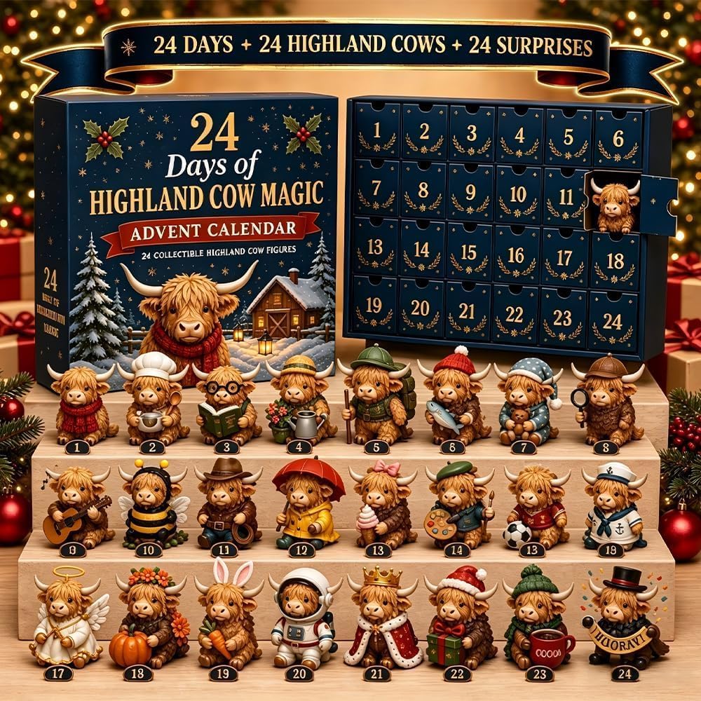 Twenty-four Highland cow miniatures displayed with the calendar