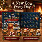 Highland cow advent calendar beside a warm Christmas fireplace