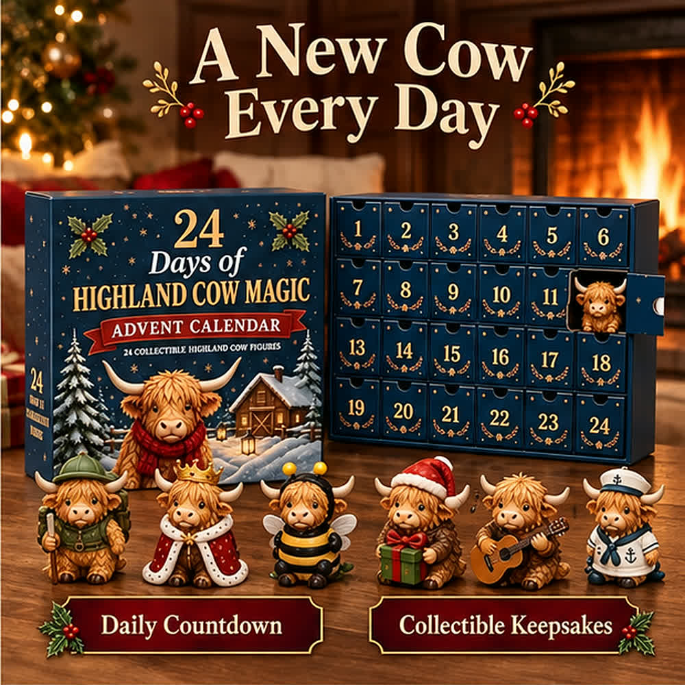 Highland cow advent calendar beside a warm Christmas fireplace