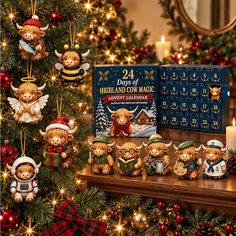 Highland cow figures hanging on a tree and standing on a mantel