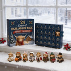 Highland cow calendar and figures on a snowy windowsill