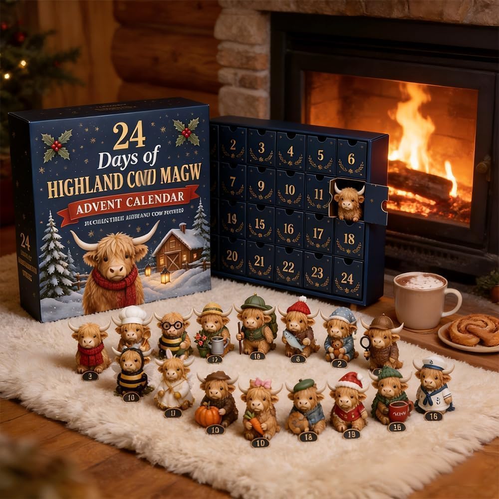 Highland cow calendar and miniatures by a fireplace