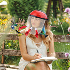 Woman wearing the feeder mask in a flower garden