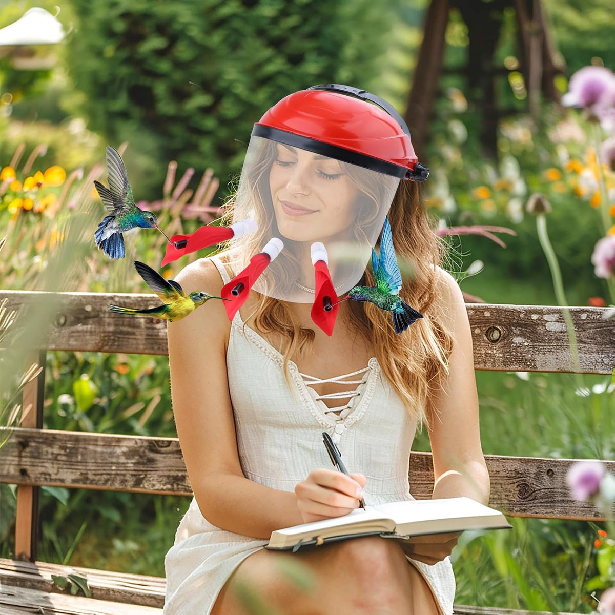Woman wearing the feeder mask in a flower garden