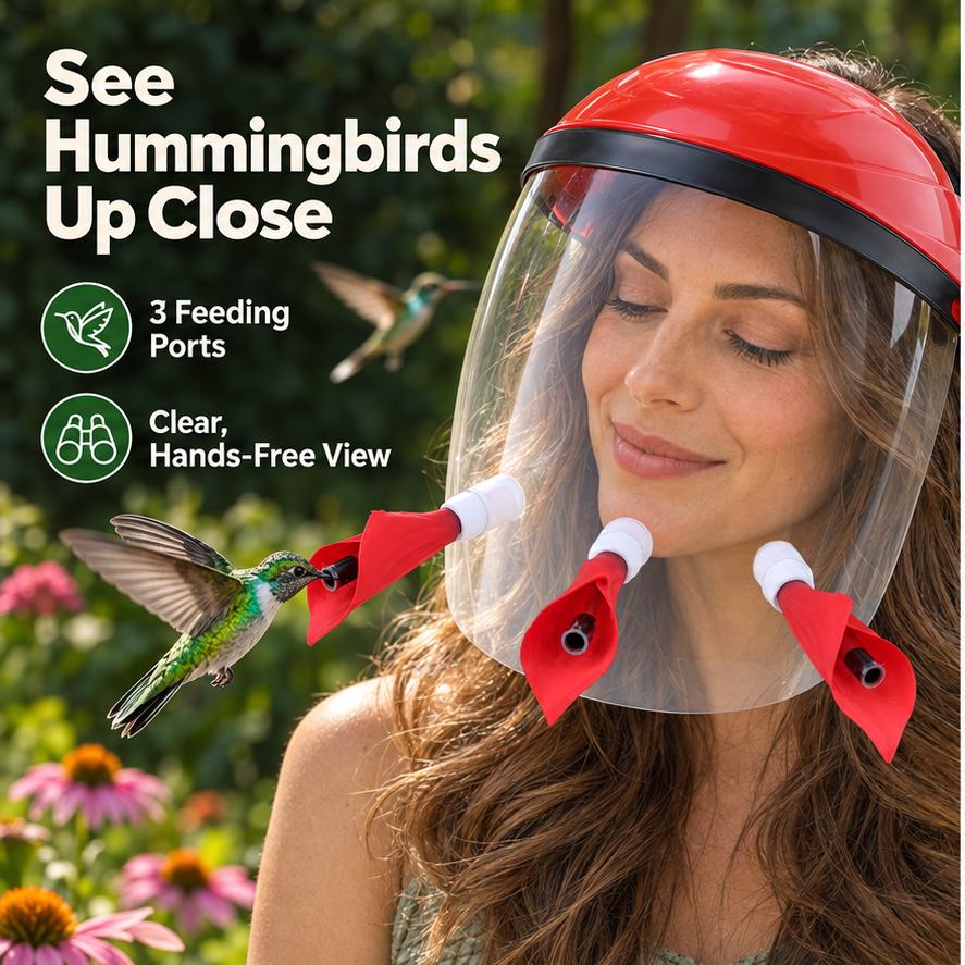 Woman watching a hummingbird drink from the wearable feeder mask