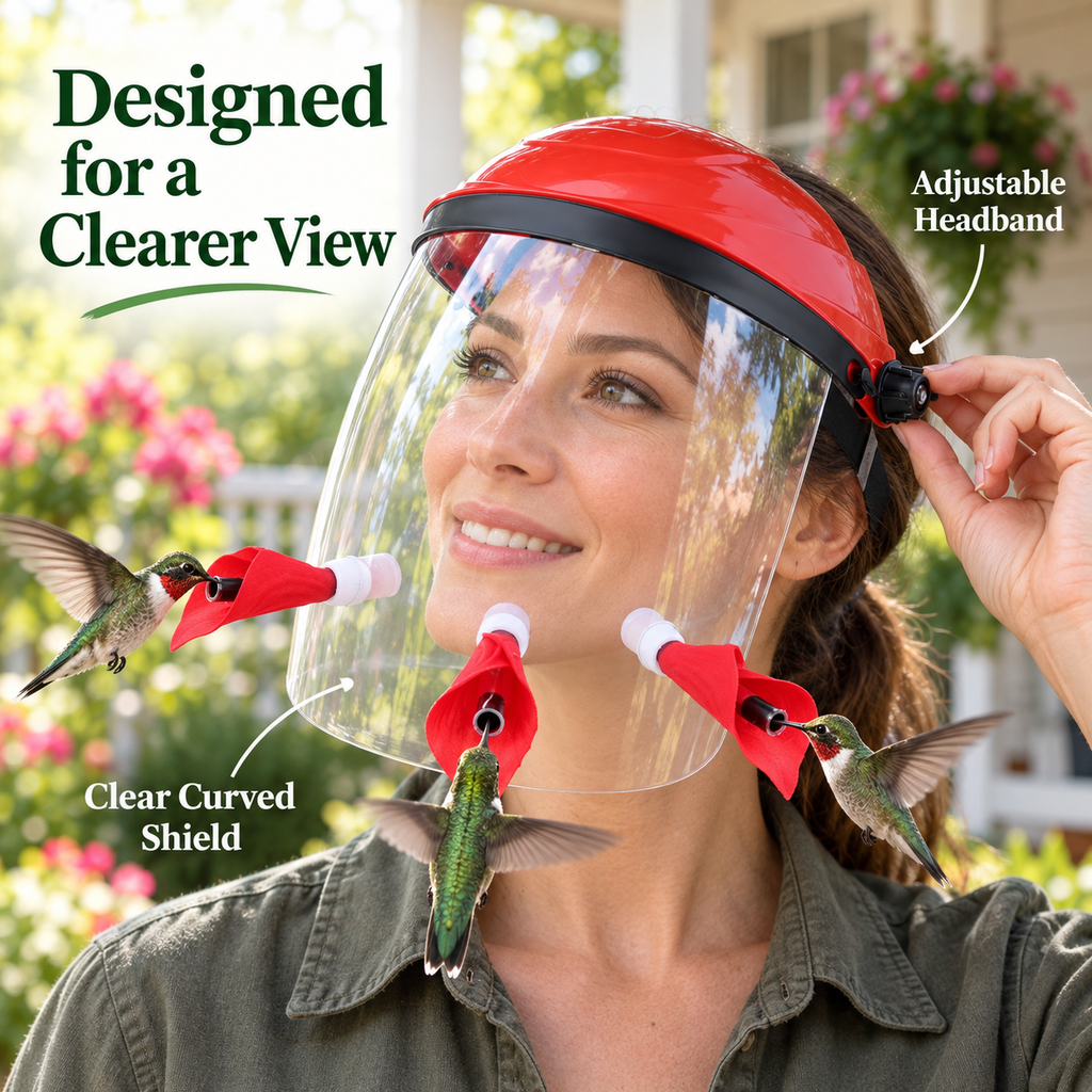 Close view of a woman adjusting the wearable feeder mask headband beside the clear shield and three red ports