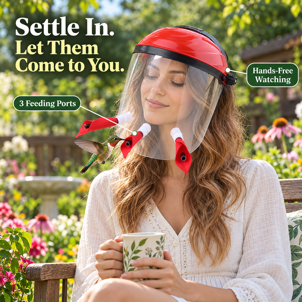 Woman waiting quietly in a garden while a hummingbird approaches the three-port wearable feeder mask