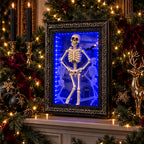 Lighted skeleton frame in a gothic Christmas mantel display