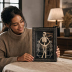 Person presenting the dancing skeleton frame on a table