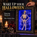 Lighted dancing skeleton infinity-mirror frame on a premium Halloween mantel