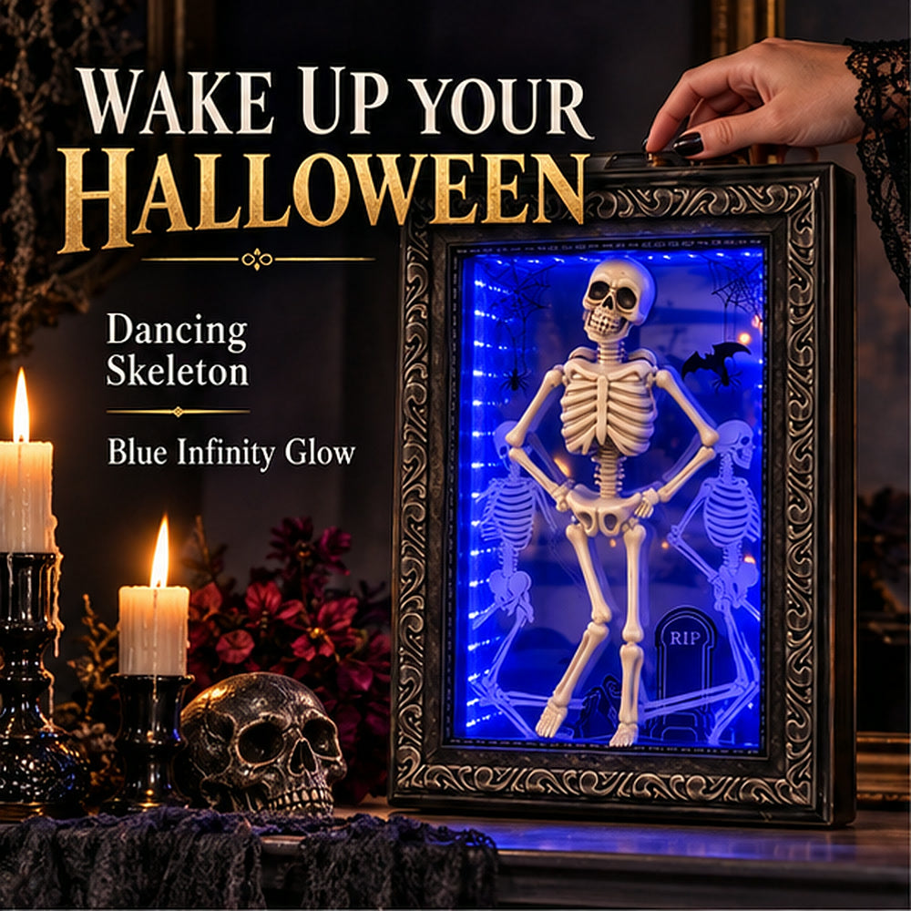 Lighted dancing skeleton infinity-mirror frame on a premium Halloween mantel