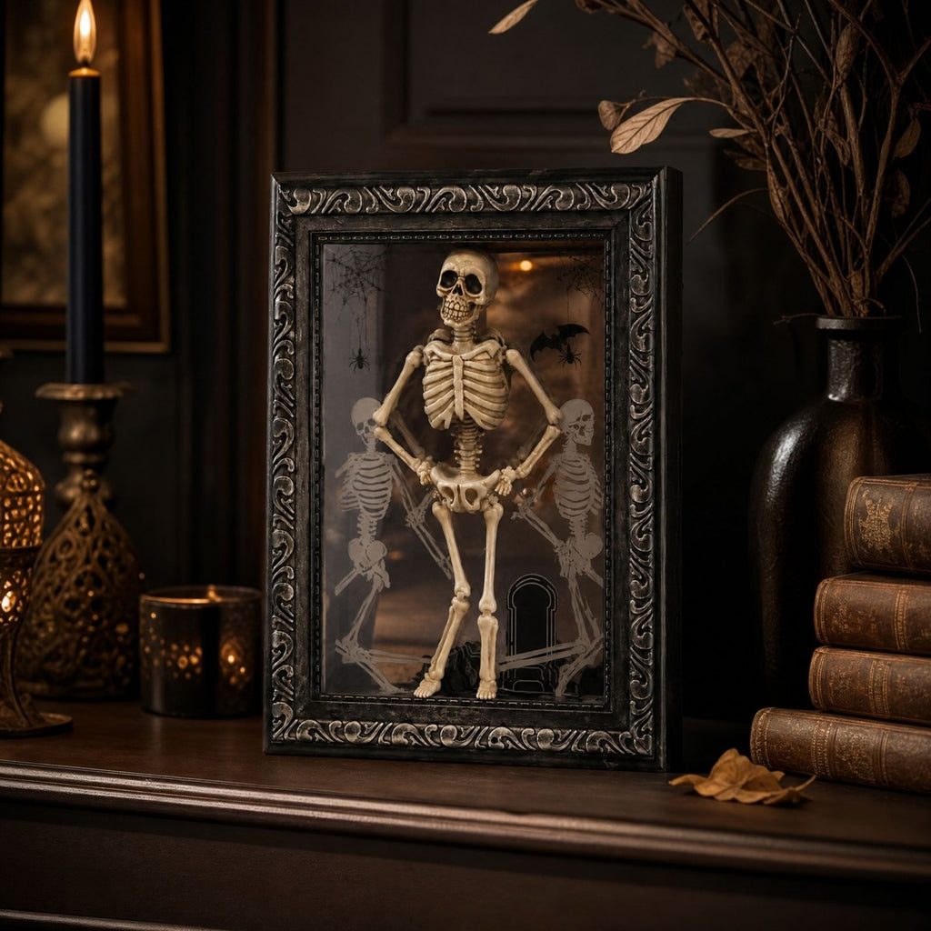 Dancing skeleton frame beside books and gothic decor