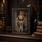 Dancing skeleton frame beside books and gothic decor