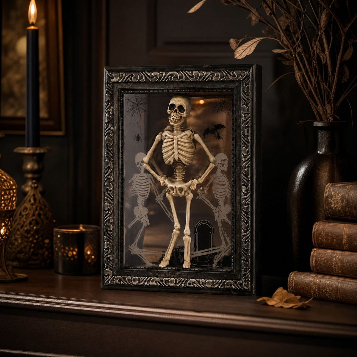 Dancing skeleton frame beside books and gothic decor