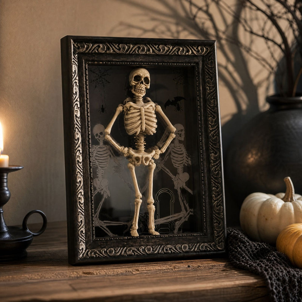 Skeleton frame with pumpkins and candlelit fall decor