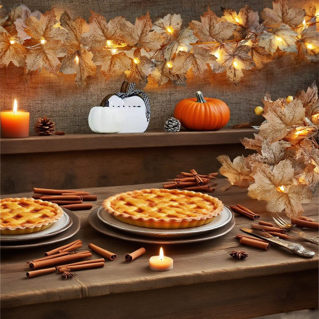 Warm autumn dessert setting decorated with an ivory maple leaf light garland