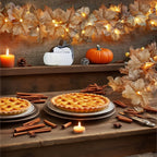 Warm autumn dessert setting decorated with an ivory maple leaf light garland