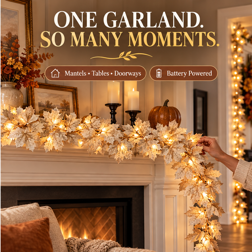 Ivory maple leaf garland arranged across a mantel and doorway