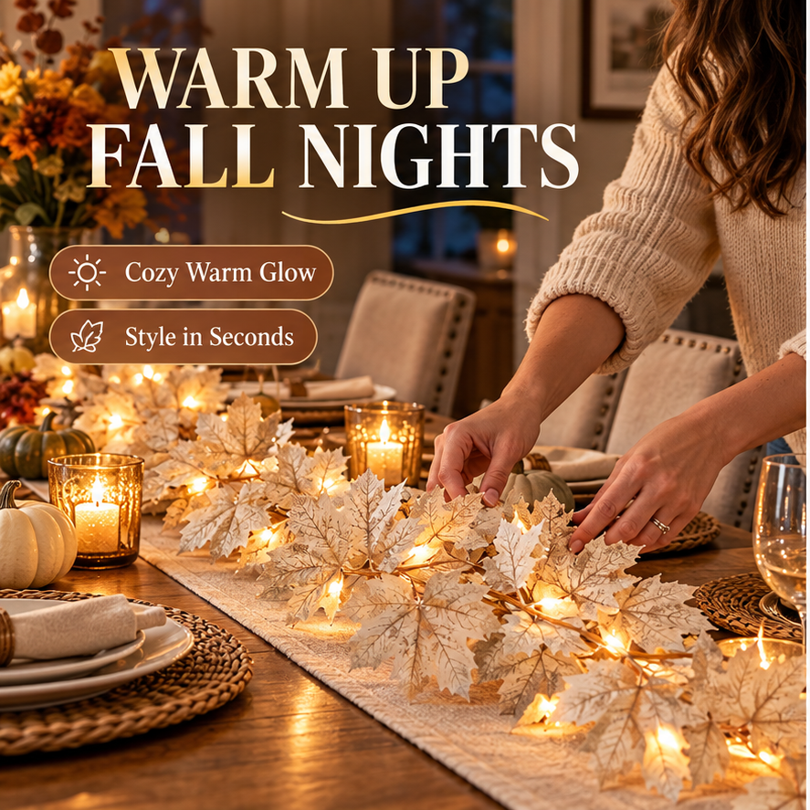 Woman arranging an ivory maple leaf light garland on a fall dining table
