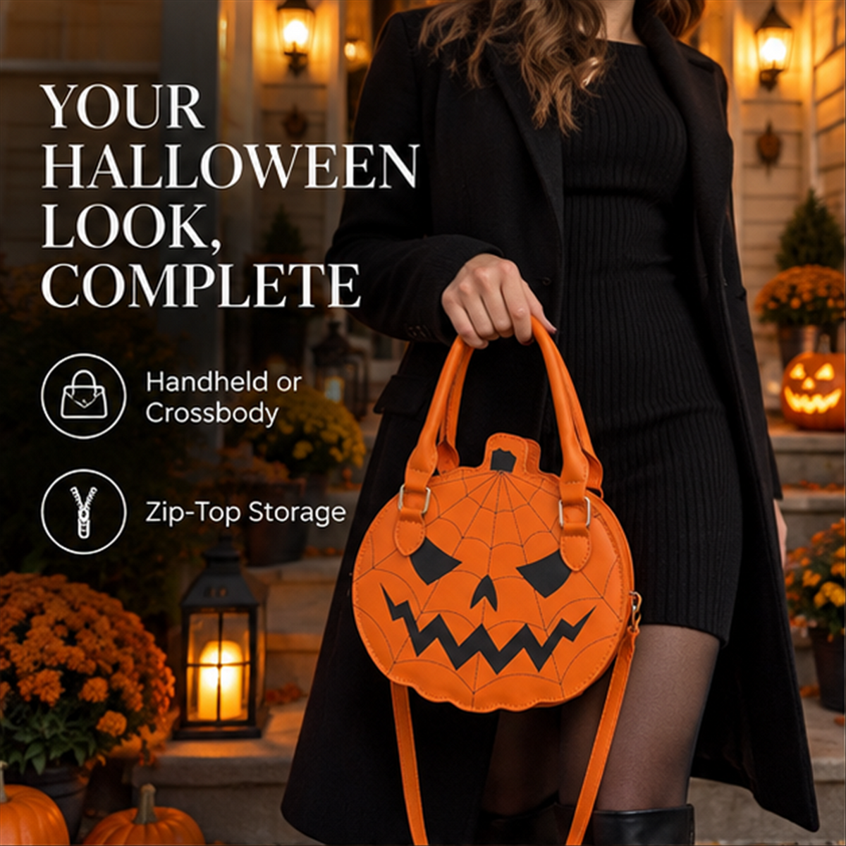 Woman holding an orange pumpkin handbag on a Halloween porch