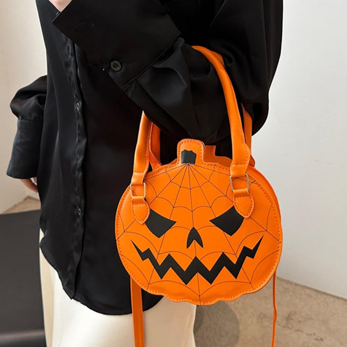 Orange Spiderweb Pumpkin Handbag – Halloween Crossbody Purse