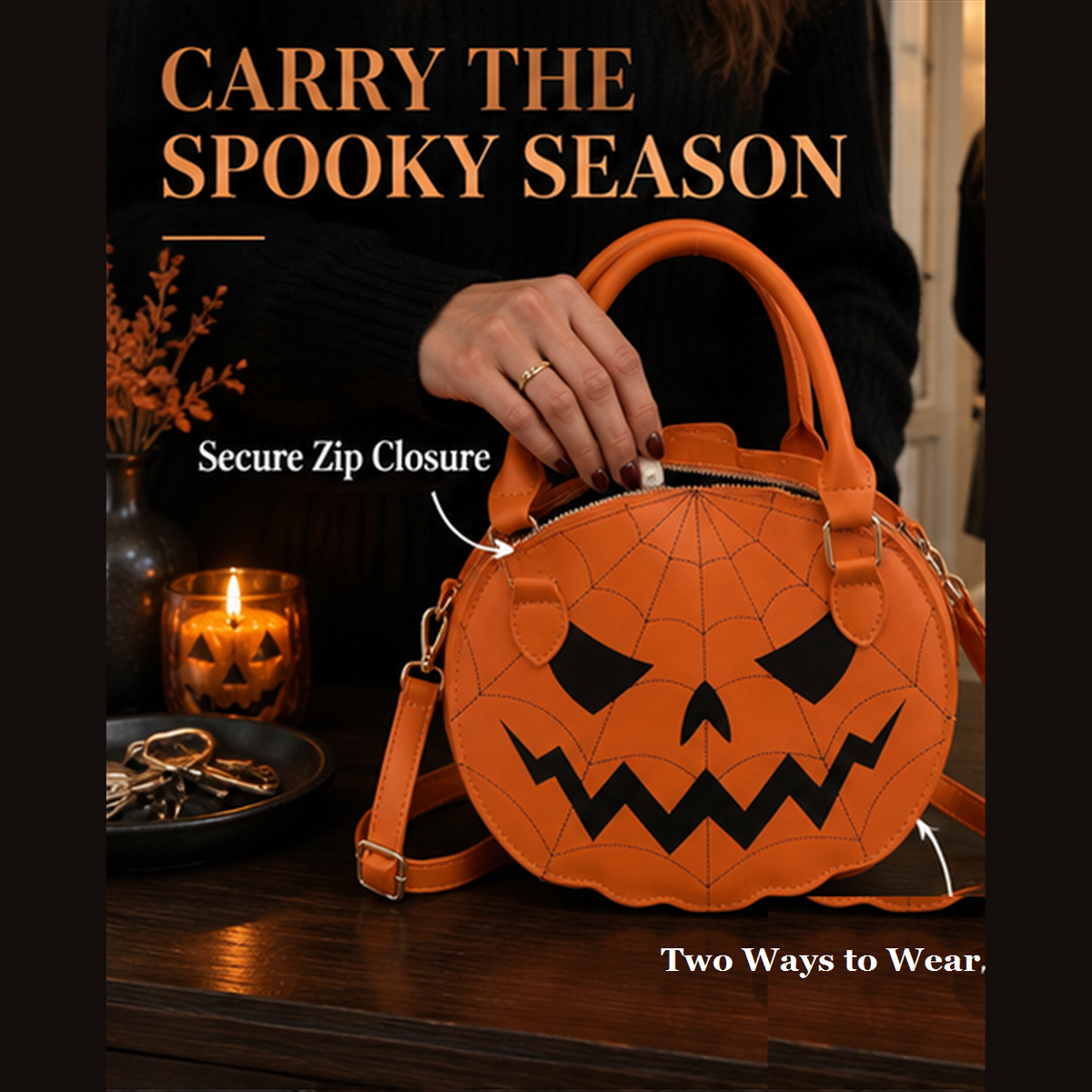 Orange pumpkin handbag with zipper and two carrying options highlighted